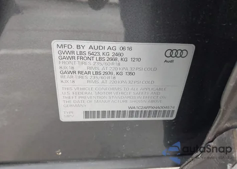 2017 Audi Q5 2.0T Premium z USA, uszkodzony, nr VIN WA1C2AFPXHA004574